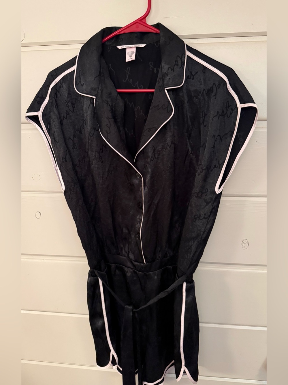 Victoria's Secret Black Satin Short-Sleeve Romper with White Piping